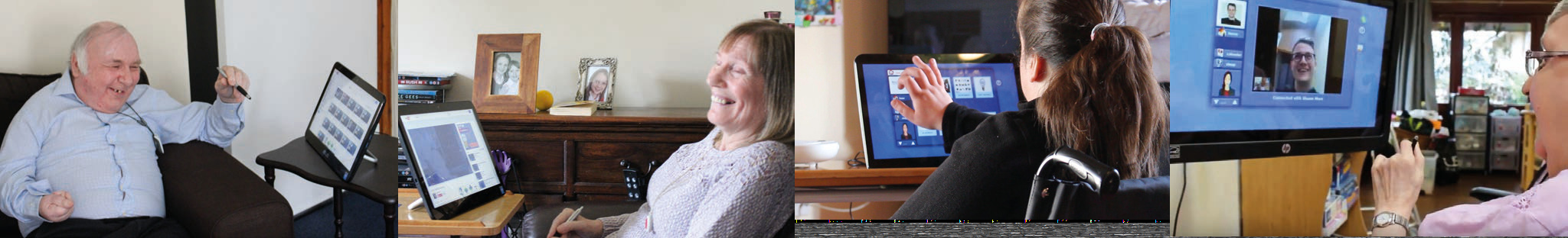 Panoramic image showing various individuals interacting with laptops and computers, some smiling, depicting digital engagement or remote learning.