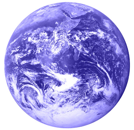 Image of Earth from space, showing continents and cloud formations, tinted purple.