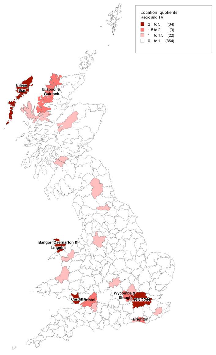 Map of UK showing location quotients for radio and TV, with areas shaded by concentration.