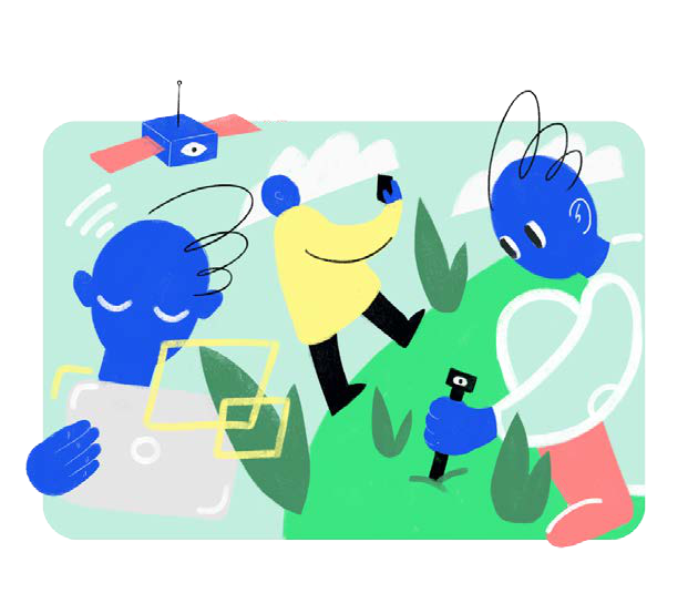 Illustration of people collecting data using a tablet and phone, with a satellite overhead, suggesting remote sensing or field observation.