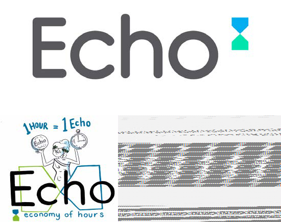 Echo logo and a diagram showing "1 hour = 1 Echo" and "economy of hours", visually explaining the concept of time as currency.