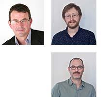 Three headshots: a man in a suit jacket, a man with a beard and glasses, and a man with glasses and a beard in a green shirt.
