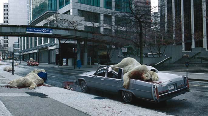 A city street with several dead polar bears on the pavement and draped over a car, with bloodstains, in a symbolic depiction.