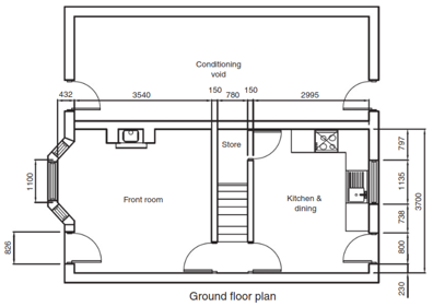 Ground floor plan showing a front room, kitchen & dining, store, and stairs, with detailed architectural dimensions for each area and an overhead conditioning void.