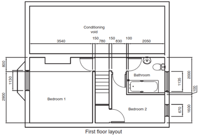 First floor layout architectural drawing with dimensions, showing two bedrooms, a bathroom, stairs, and a conditioning void.