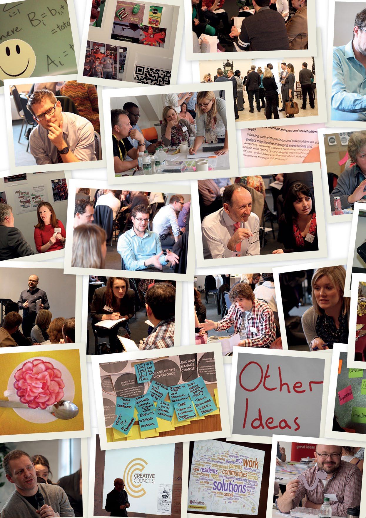 Collage of event photos showing people collaborating in workshops, group discussions, and presentations. Includes images of sticky notes and whiteboards.