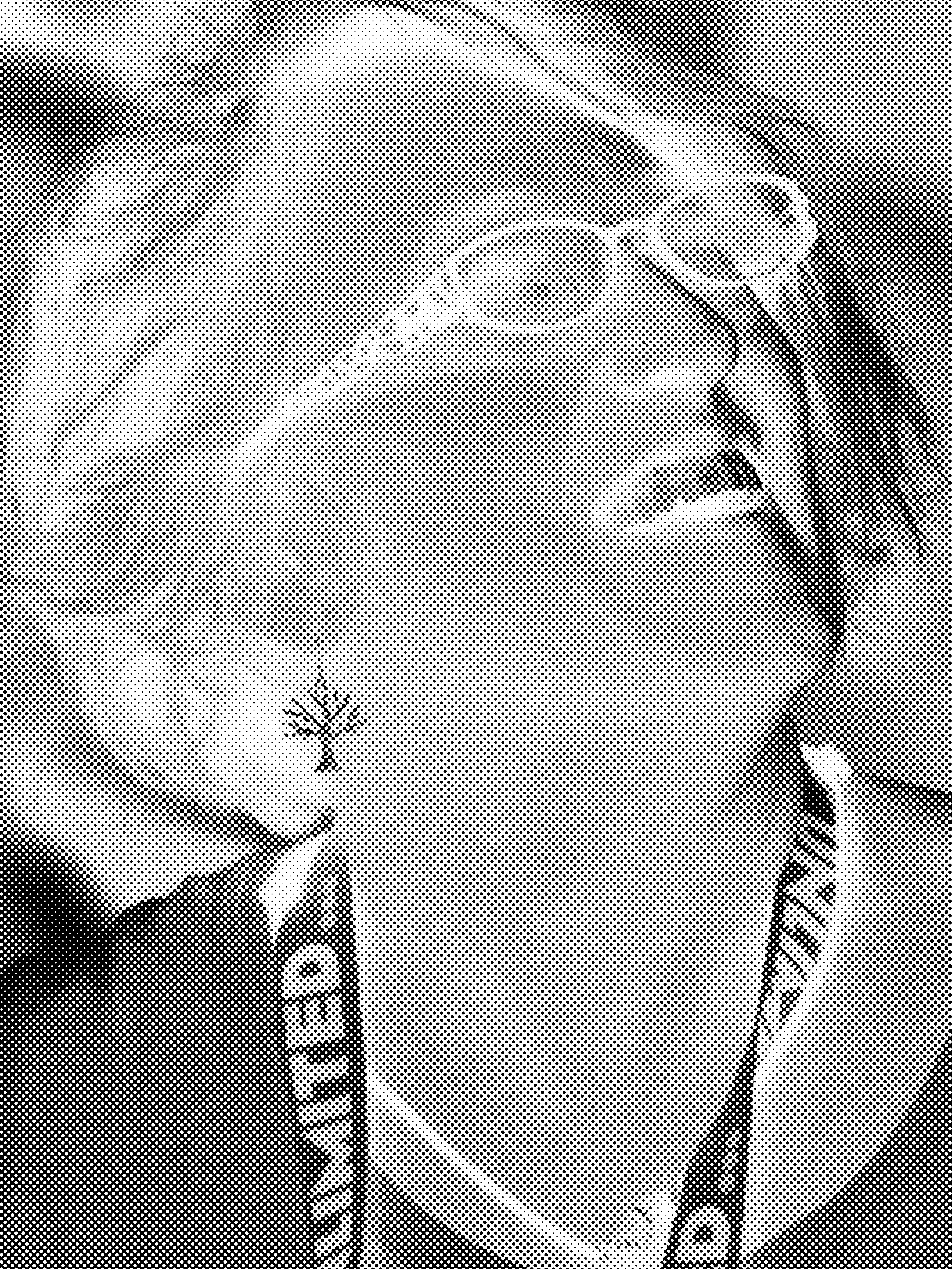 Halftone portrait of a person wearing glasses and a lanyard with 'LIMITED' text, looking upwards.