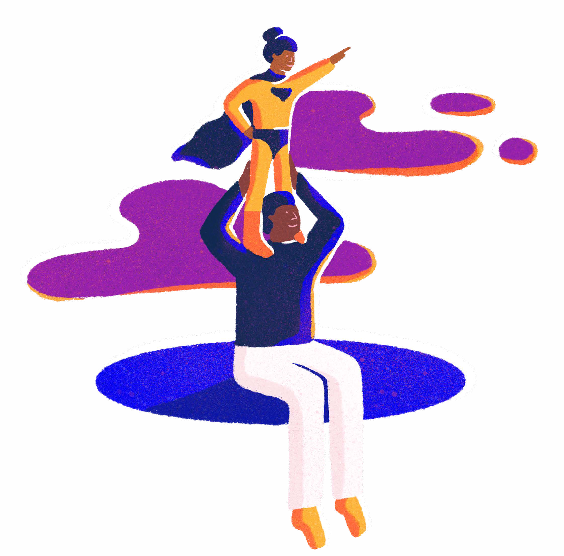 An illustration of an adult holding a child dressed as a superhero who is pointing upwards, symbolizing support and aspiration.
