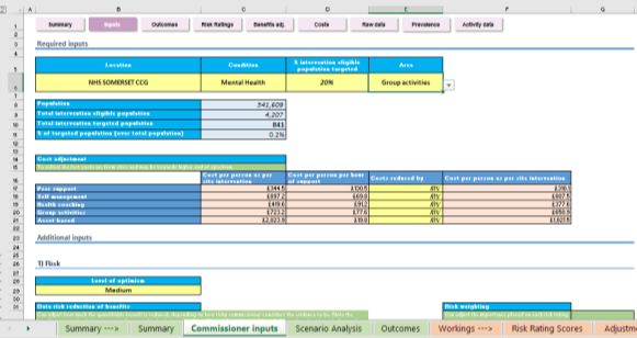 Screenshot of an Excel spreadsheet showing the 'Inputs' tab of an economic modelling tool with data fields and cost adjustments.