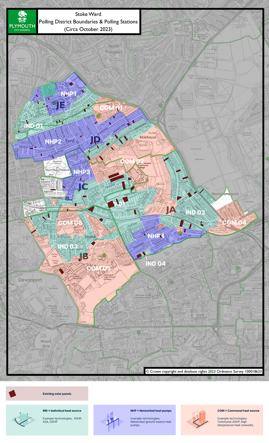 Map of Stoke Ward illustrating areas classified by heating source types: individual, networked heat pumps, and communal, with a legend.