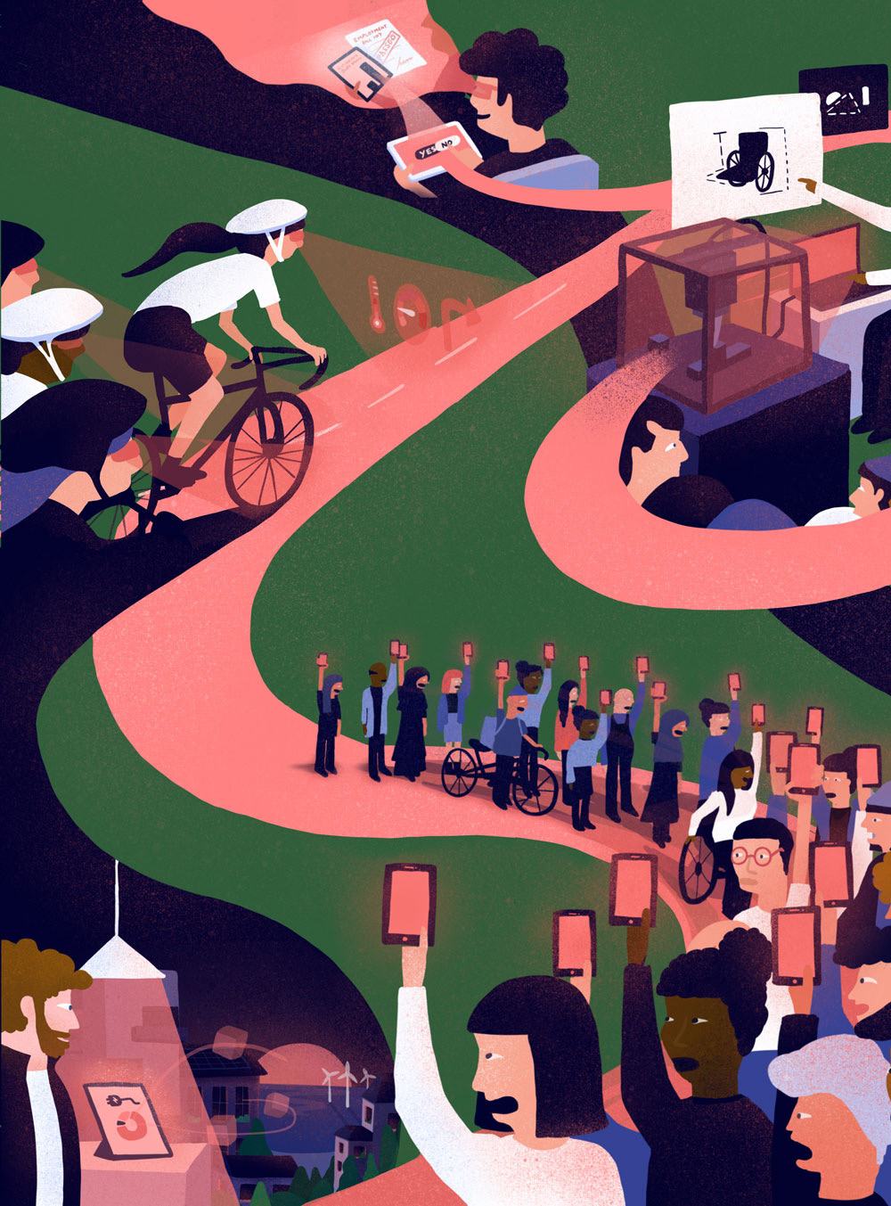 A composite illustration showing interconnected scenes including cyclists, 3D printing, people interacting with tablets, a crowd holding phones, and digital voting.