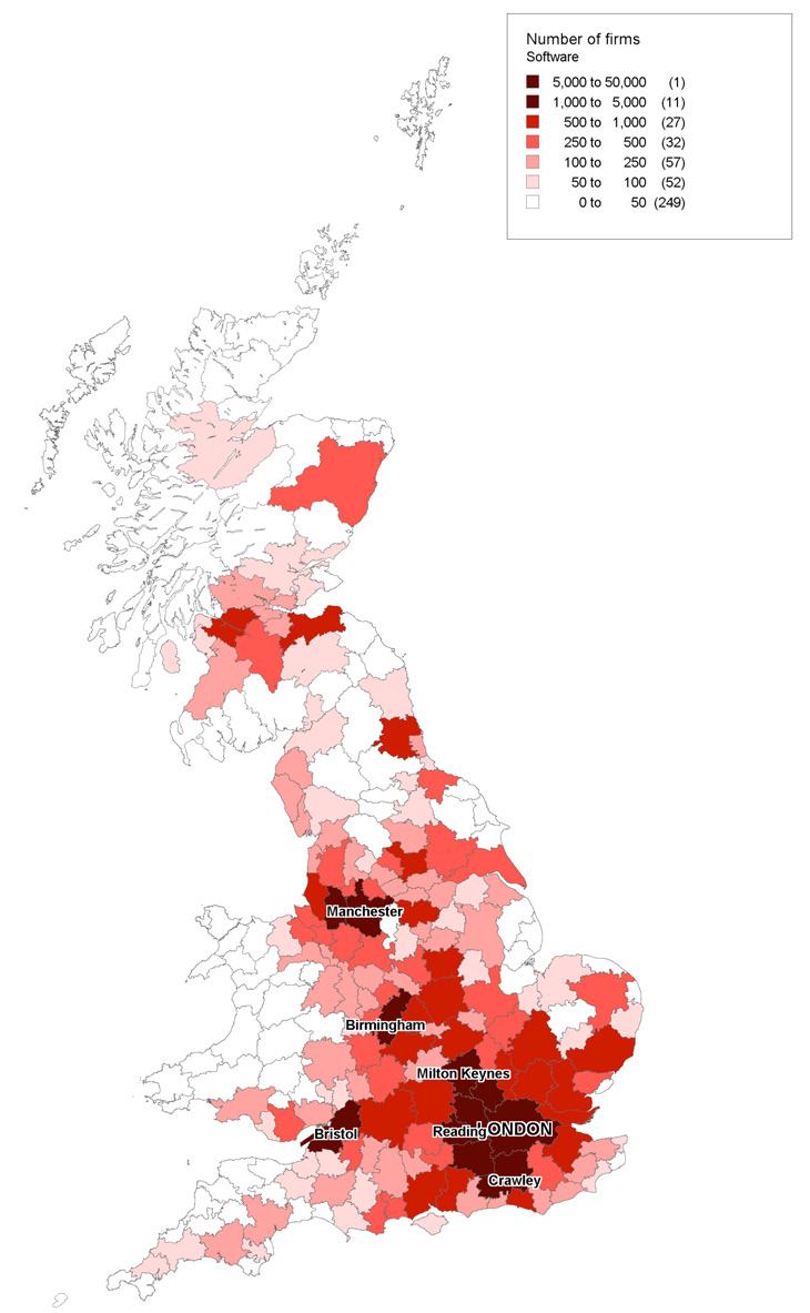 Map of UK showing the number of software firms, with areas shaded by firm count.