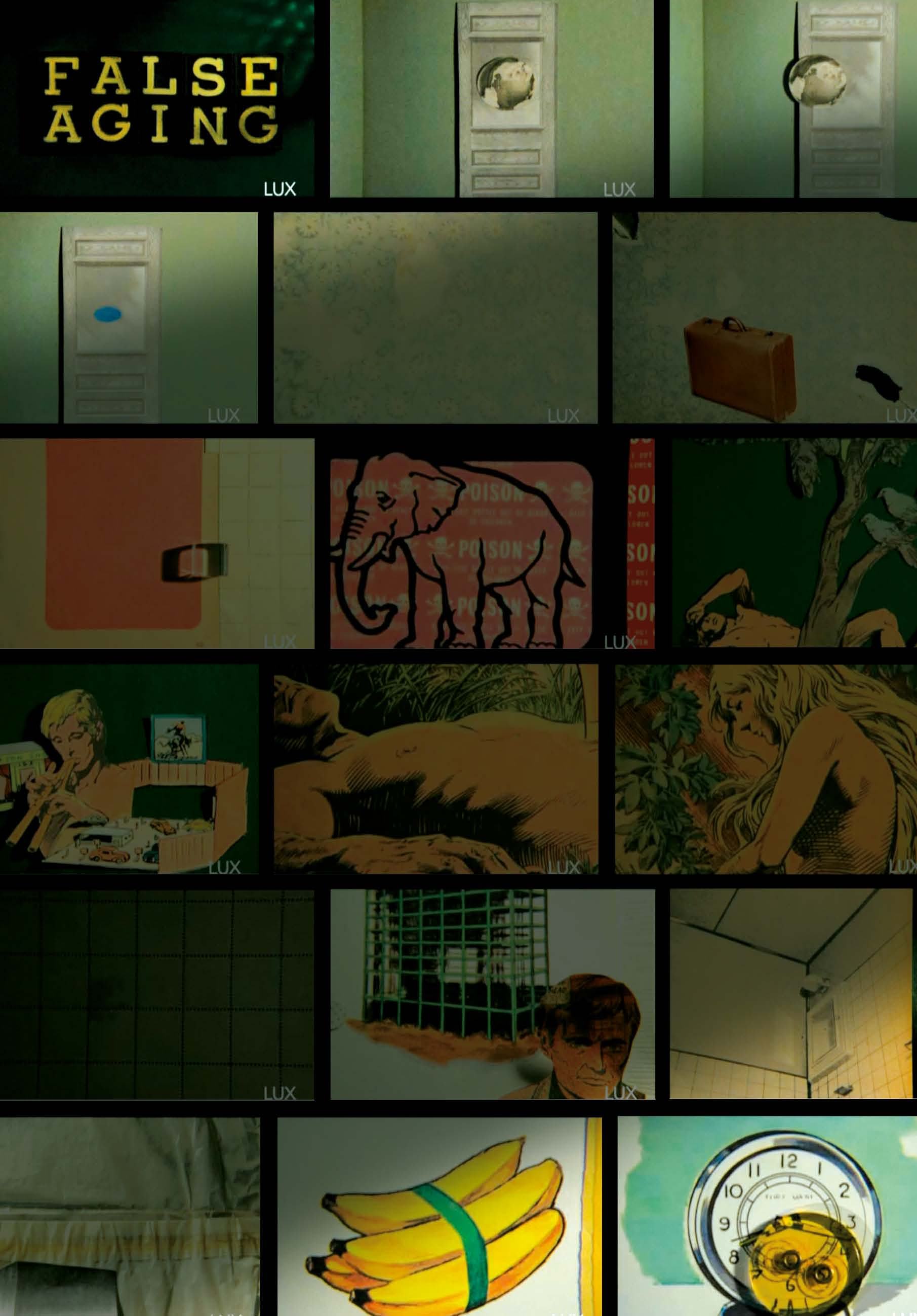 A grid of small images, including text "FALSE AGING," illustrations of an elephant, people, bananas, and abstract scenes.