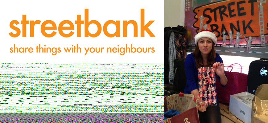 A woman in a Santa hat holds an advent calendar, surrounded by items, with a "Streetbank" banner in the background, illustrating the organization's sharing concept.