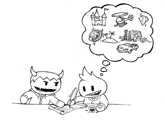 Cartoon showing a character signing a contract with a devil-like figure, dreaming of wealth and luxury items like a castle, helicopter, and money.