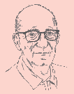 Line drawing portrait of a bald man with glasses looking towards the viewer.