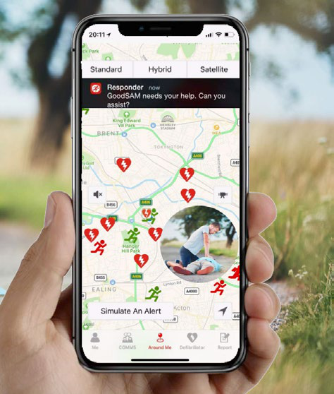 Hand holding an iPhone displaying a map app with emergency service icons, a "GoodSAM" alert, and a CPR image.