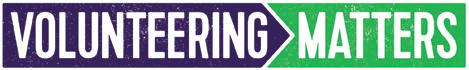 Logo for "Volunteering Matters", with the first word on a purple background and the second on a green background, separated by an arrow.
