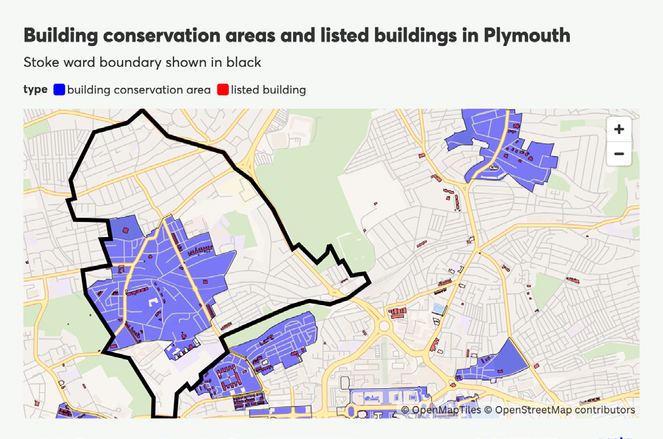 Map of Plymouth showing building conservation areas in blue and listed buildings in red, with Stoke ward boundary outlined in black.