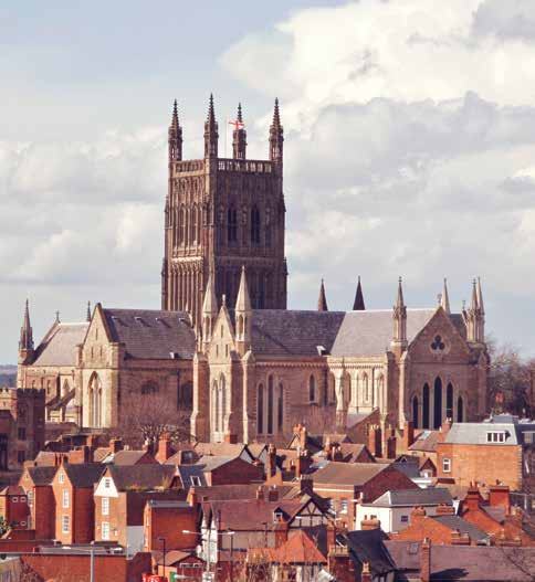 Wide view of a large, ornate stone cathedral with multiple spires, overlooking a residential area with traditional houses.