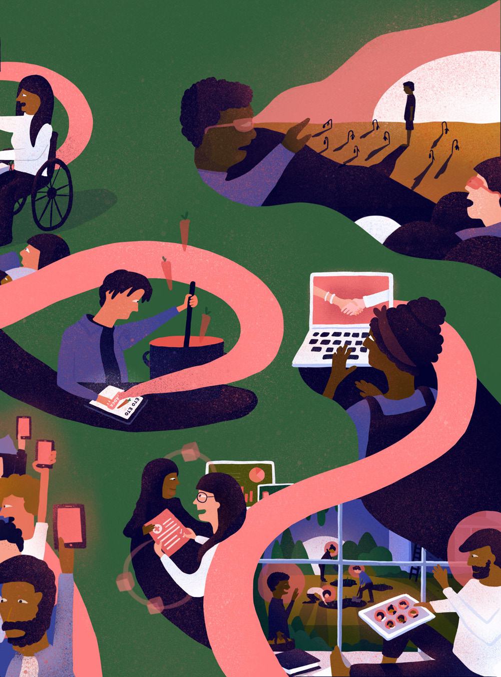 A composite illustration depicting interconnected scenes: a person in a wheelchair, online communities, food preparation, virtual collaboration, and digital activism.