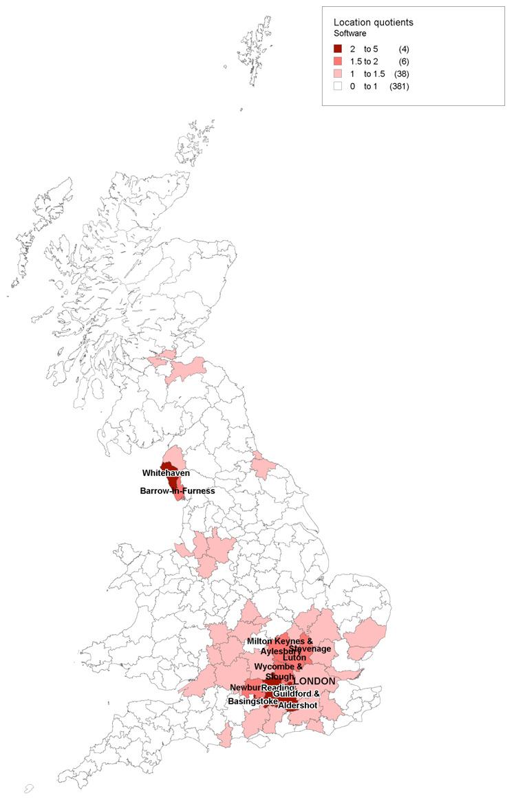 Map of UK showing location quotients for software, with areas shaded by concentration.