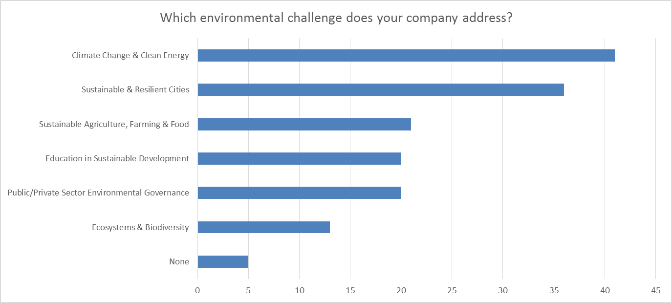 Horizontal bar chart showing the environmental challenges companies address, such as climate change, sustainable cities, and ecosystems