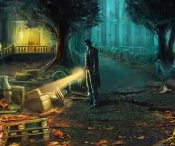 An illustration of a person in a trench coat holding a glowing object, standing in a dark, rainy, derelict urban landscape at night.