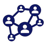 Icon depicting a network of interconnected people, symbolizing collaboration or community.