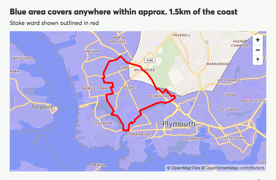 Map showing areas within 1.5km of the coast in blue, highlighting the Stoke ward boundary in red.
