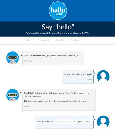 Screenshot of a "hallo.gent" chatbot conversation, demonstrating the interaction flow and user interface of the platform.