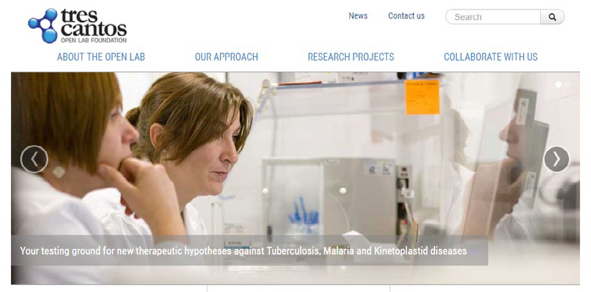 Website screenshot for Tres Cantos Open Lab Foundation, showing scientists in a lab with text "Your testing ground for new therapeutic hypotheses against Tuberculosis, Malaria and Kinetoplastid diseases"