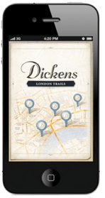 Screenshot of a smartphone displaying the 'Dickens London Trails' app, showing a map of London with several pinned locations related to Dickens.
