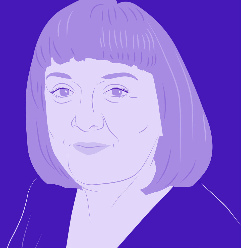 Stylized portrait illustration of a woman with short, straight hair and bangs.