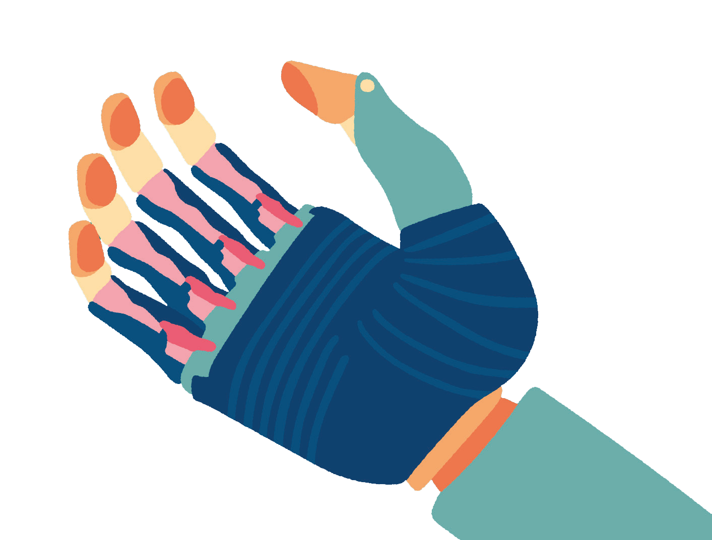 Stylized illustration of a robotic hand with a visible internal structure in different colors, representing advanced technology.