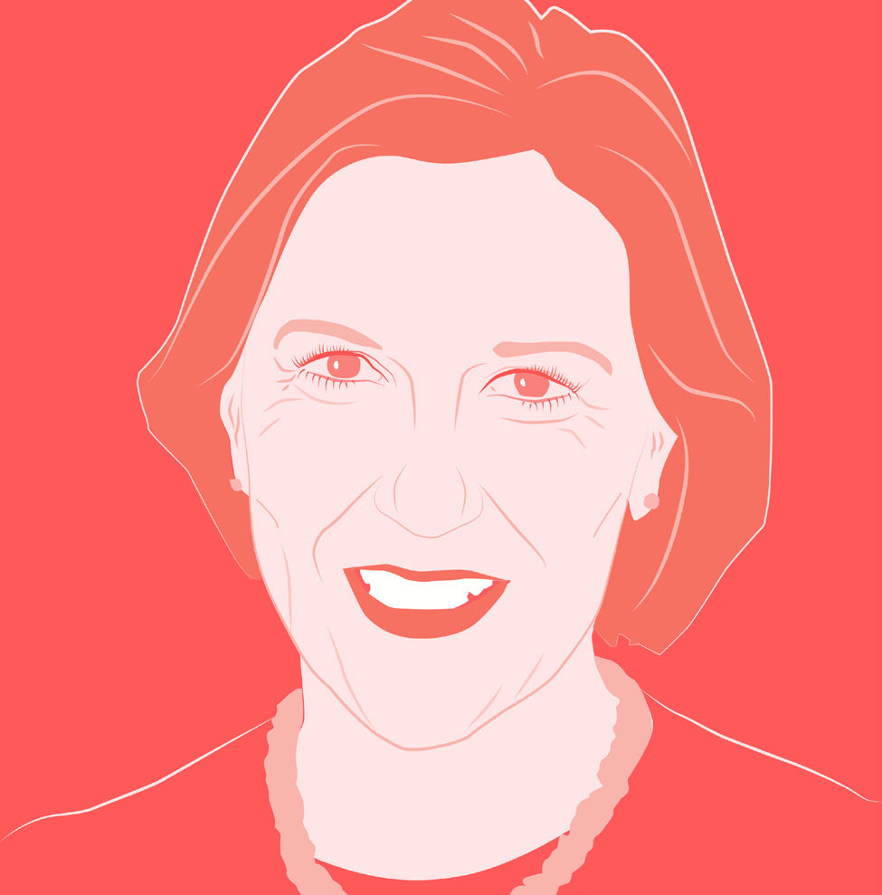 Stylized portrait illustration of a smiling woman with light hair on an orange background.