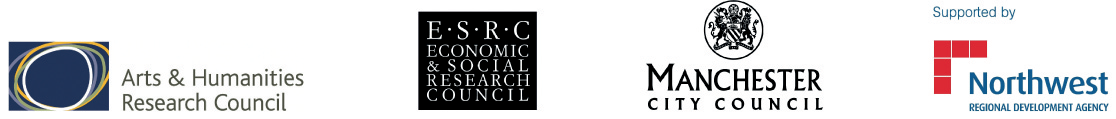 Logos of the Arts & Humanities Research Council, Economic & Social Research Council, Manchester City Council, and Northwest Regional Development Agency.