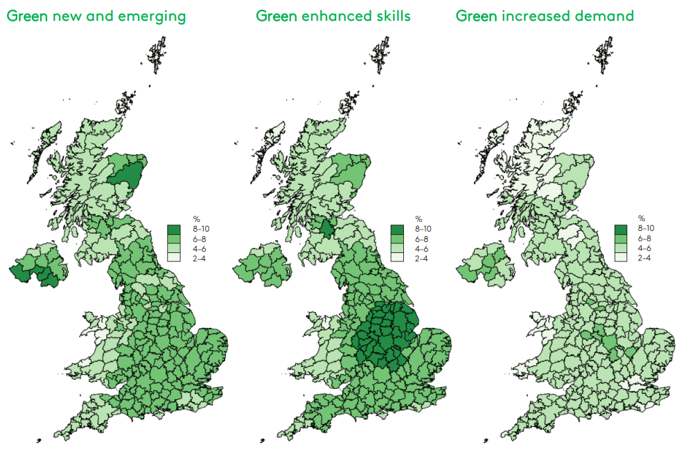 Three maps of the UK showing regional percentages for green new and emerging skills, green enhanced skills, and green increased demand, with a color legend from 2-4% to 8-10%.