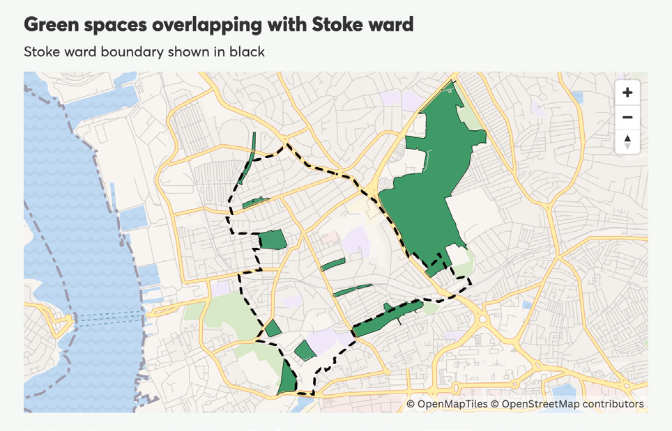 Map highlighting green spaces in dark green that overlap with the Stoke ward boundary, shown as a black dashed line.