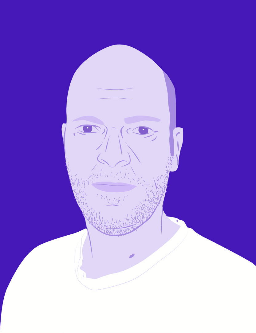 Stylized vector portrait of a bald man with a beard and a white t-shirt, set against a solid purple background.