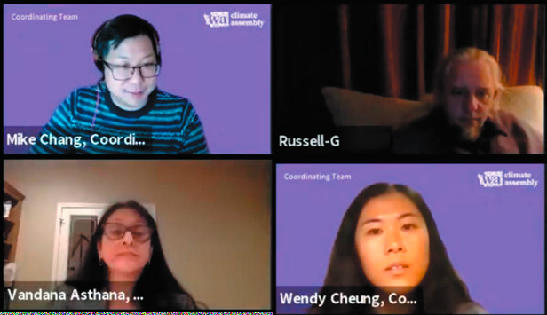 Video conference screenshot showing four participants: Mike Chang, Russell-G, Vandana Asthana, and Wendy Cheung, from WAI Climate Assembly.