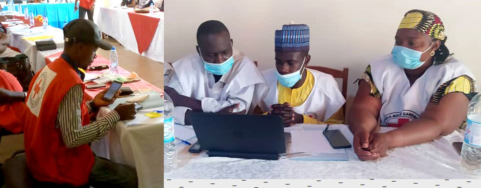 Two images showing Red Cross volunteers. On left, a person uses a phone. On right, three volunteers in masks discuss at a table with a laptop.