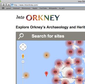 Screenshot of Into Orkney website displaying a map with numbered archaeological and heritage sites marked with glowing circles.