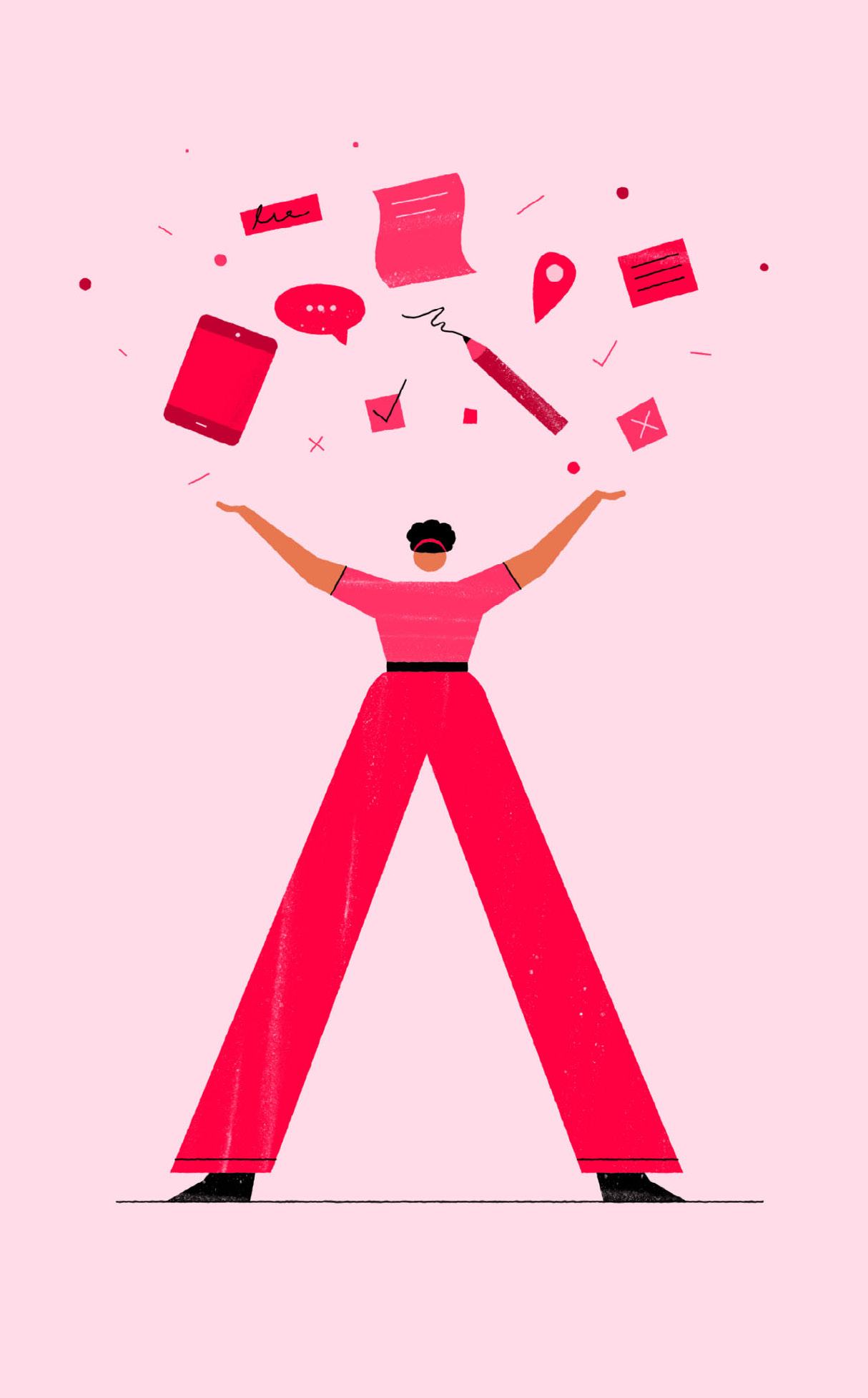 Illustration of a person managing various digital tasks and information represented by icons like a smartphone, documents, and checklists.
