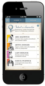Screenshot of a smartphone displaying an app to select a Dickensian character, listing Abel Magwitch, Artful Dodger, Lady Dedlock, and Samuel Pickwick.