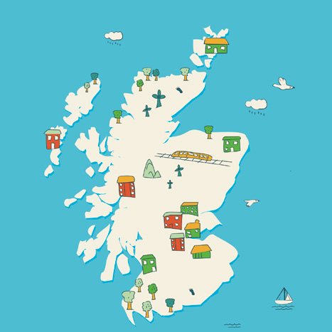 Stylized map of Scotland with hand-drawn houses, trees, a train, and birds, set against a blue background.