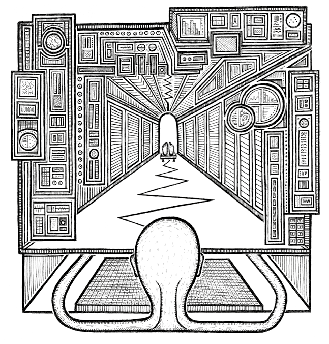 Line art of an octopus-like figure at a grid keyboard, looking into a tunnel lined with numerous data screens, charts, and technical interfaces.