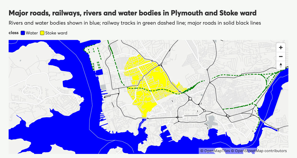 Map detailing major roads, railways, rivers (blue), and water bodies within Plymouth, with Stoke ward highlighted in yellow.
