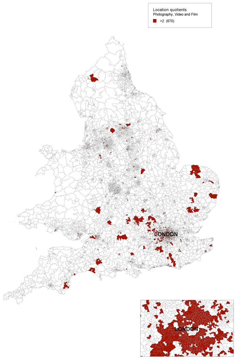 Map of England highlighting areas with photography, video, and film location quotients of 2 or more. Includes a zoomed-in view of London.