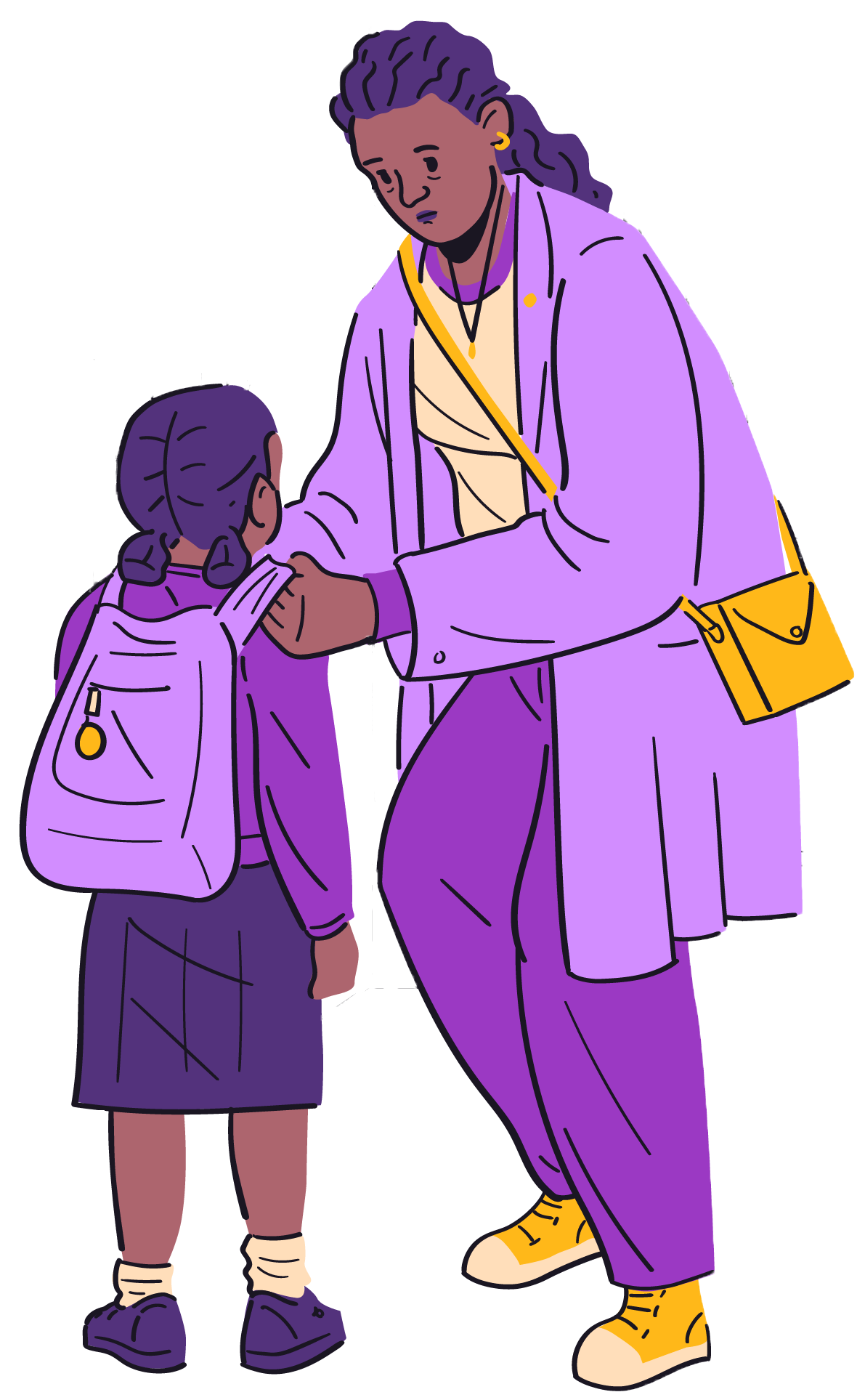 An adult woman adjusts the backpack of a young girl, both wearing purple outfits.